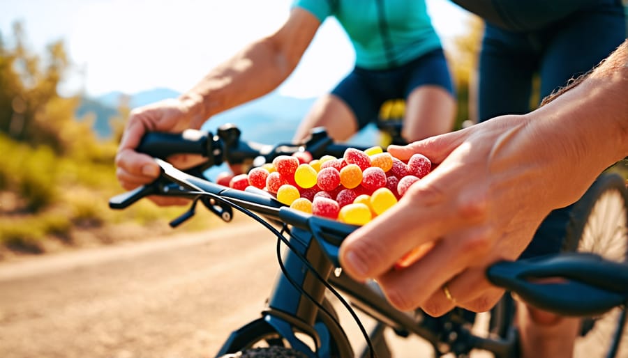 A cyclist retrieving freeze-dried candy from a bike bag, with a scenic Toronto backdrop