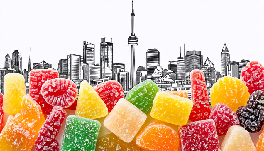 An array of freeze-dried candies with Toronto's skyline visible behind