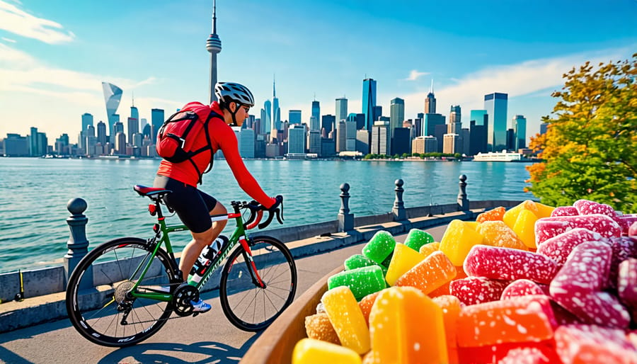 "A cyclist pausing on a Toronto biking tour, holding a vibrant array of freeze-dried candies against a backdrop of the city skyline, blending urban adventure with flavorful snacks."